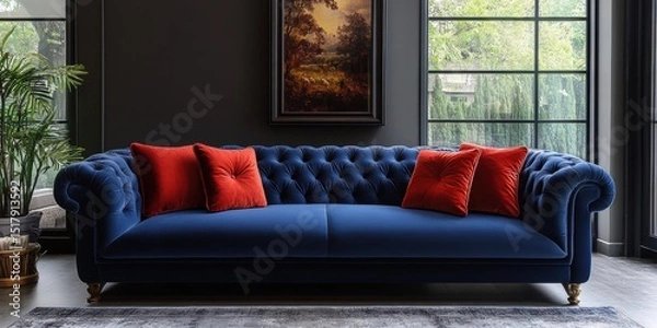 Obraz Velvet Blue Couch with Red Pillows in an Elegant Room with Dark Walls
