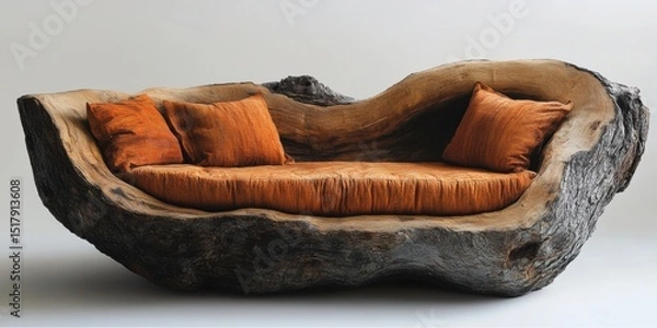 Obraz Couch Crafted from a Hollowed Tree Trunk with Orange Cushions on a Plain Background