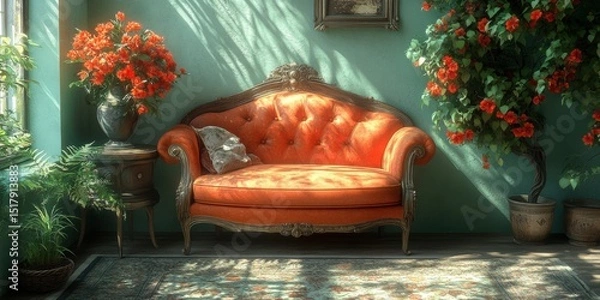 Obraz Luxurious Orange Tufted Couch in Bright Room with Floral Arrangements