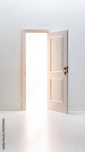 Fototapeta Escape exit minimalist. A white door is slightly open, letting bright light flood into an otherwise empty, minimalist room.