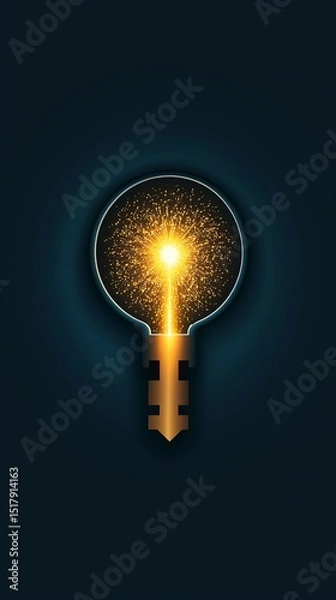 Fototapeta Escape exit minimalist. A golden keyhole with a glowing spark inside, symbolizing inspiration, creativity, and unlocking new ideas, set against a dark background.