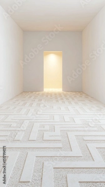 Fototapeta Escape exit minimalist. Minimalist room with a maze-patterned floor leads to a doorway illuminated with soft, warm light.
