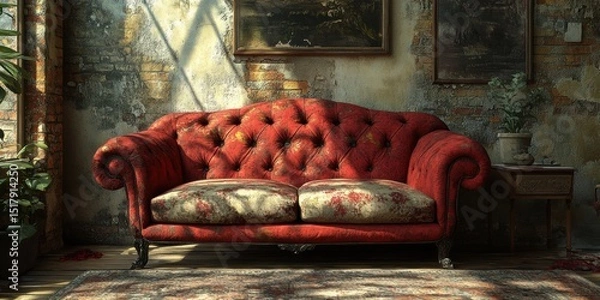Obraz Red Tufted Couch in Room with Peeling Brick Wall and Wood Floor