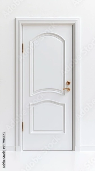 Fototapeta Escape exit minimalist. A white wooden door with decorative molding and golden handles set against a plain white wall.