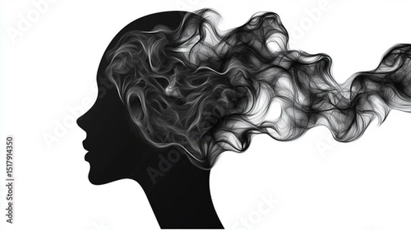 Fototapeta Escape exit minimalist. A black silhouette of a head with abstract, smoky lines flowing from the mind, symbolizing thoughts or emotions.