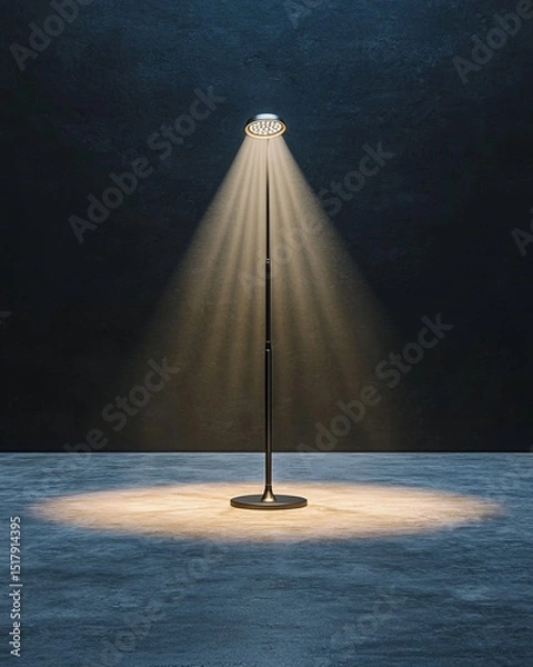 Fototapeta Escape exit minimalist. A single standing lamp illuminates a dark, empty room with a focused circle of warm light.