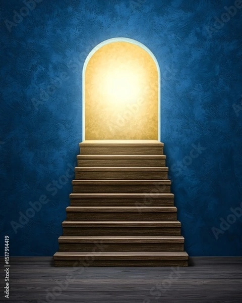 Fototapeta Escape exit minimalist. A glowing doorway at the top of a dark staircase, set against a textured blue wall, radiates warm light into the room.