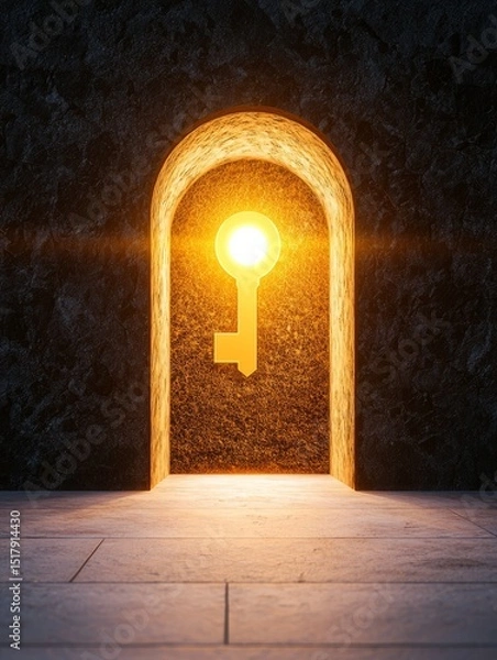 Fototapeta Escape exit minimalist. A glowing key-shaped light illuminates a dark arched doorway, symbolizing opportunity, access, and discovery.