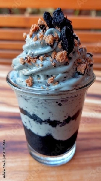 Obraz Layered Dessert Featuring Creamy Blue Swirls in a Clear Glass Cup with Cookie Pieces