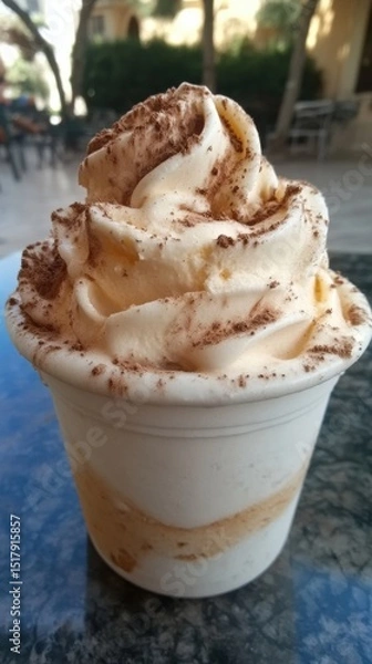 Obraz Whipped Cream Dessert Topped with Powdered Chocolate in Container on Table