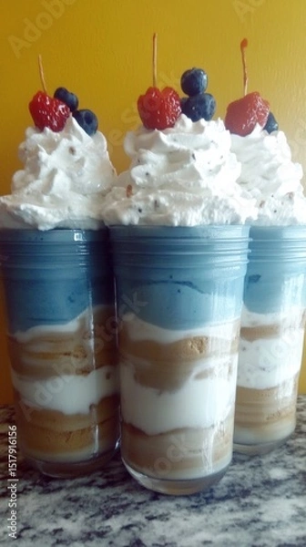 Obraz Three Layered Dessert Cups Topped with Whipped Cream and Berries on a Stone Surface