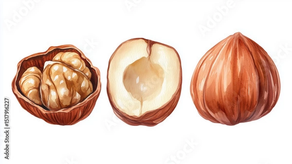 Fototapeta Realistic watercolor clipart of fresh peeled hazelnut fruits, including whole and sliced views, in warm brown and beige shades for use in food or product labels.

