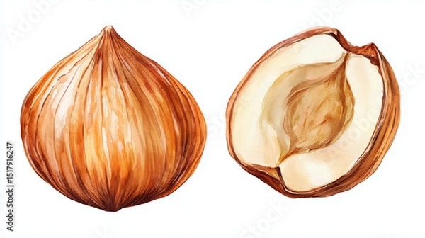 Fototapeta Hand-painted botanical watercolor illustration of peeled hazelnuts, featuring whole and halved pieces in realistic brown and beige tones—perfect for label or packaging design.

