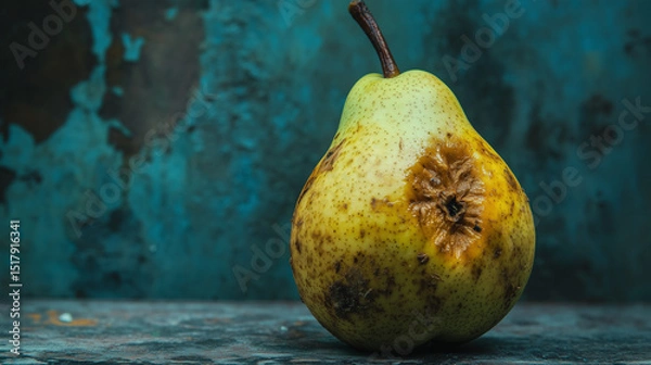 Fototapeta A once healthy and fresh pear has turned rotten, becoming food waste.

