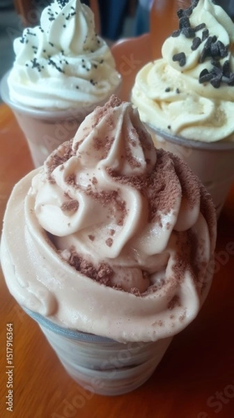 Obraz Close-up of Creamy Dessert Parfaits with Various Toppings on a Wooden Surface