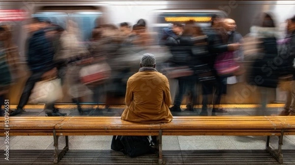 Obraz Solitary caucasian male observing blurred subway crowd movement