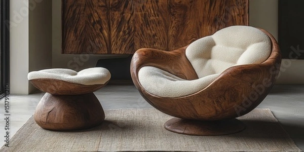 Obraz Sculptural Wooden Swivel Chair and Ottoman with Plush Cushions in Interior Setting