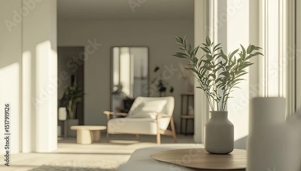 Fototapeta Sunlight streams into a bright, minimalist living room. A vase of greenery sits on a light wooden table, in front of a cream-colored armchair
