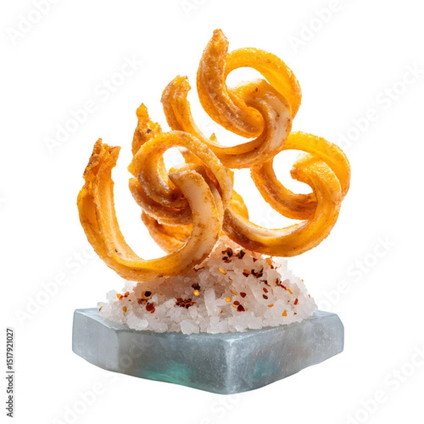 Fototapeta Dehydrated squid chip spirals balanced on wasabi rock salt base with chili mist effect, futuristic seafood design, isolated on white background