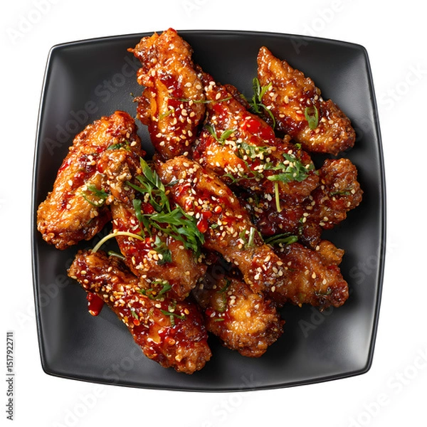Fototapeta Crispy Korean fried chicken wings in sweet chili glaze, served in a modern platter with sesame seeds, isolated, white background