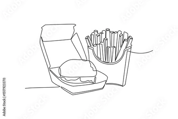 Obraz Continuous line drawing representing french fries and hamburger menu