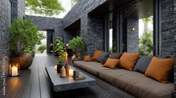 Obraz Cozy outdoor patio with modern decor and ambient lighting