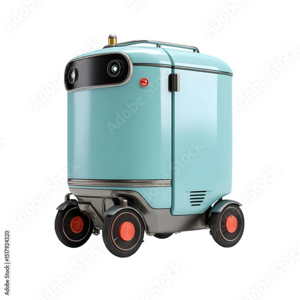 Fototapeta Description: A small, wheeled robot designed for last-mile delivery, equipped with AI navigation systems and a weather-resistant exterior. Isolated on a white background.