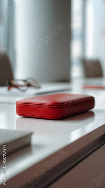 Fototapeta Red leather case on white table, showcasing a clean, minimalist aesthetic symbolizing organization, luxury, and professionalism