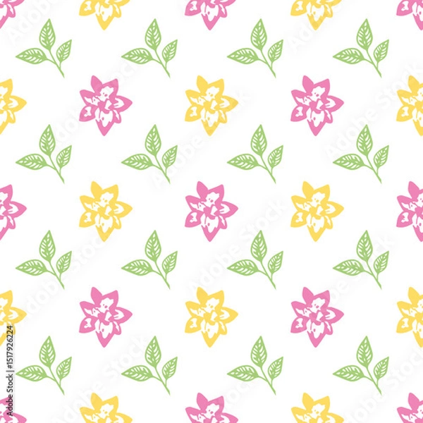 Obraz Seamless pattern with vector leaves and flower. Floral illustration. Can be used for making wallpaper, fabrics and other types of products