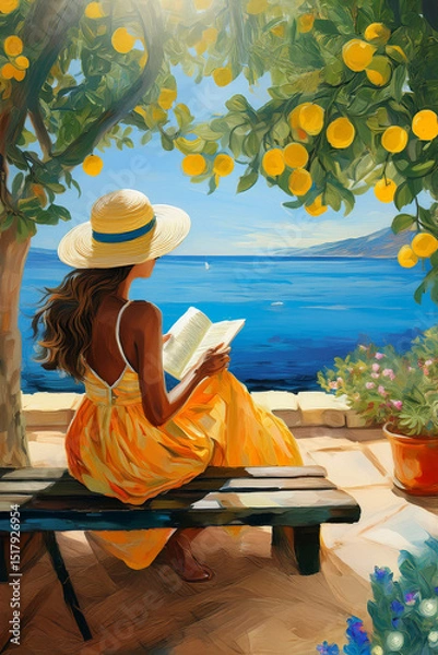 Fototapeta Painting style image of a woman reading a book whilst sitting on bench under a lemon tree overlookng Mediterranean sea in summertime