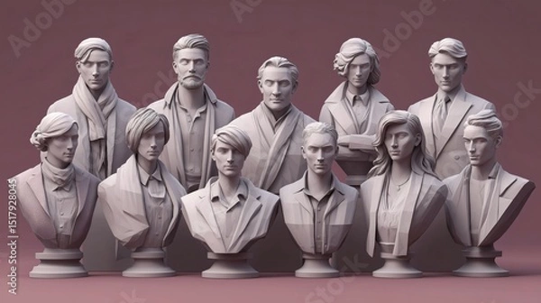 Fototapeta Thirteen unique architectural busts showcase various facial features and hairstyles, representing a blend of modern artistry and traditional sculpture techniques in a minimalist arrangement