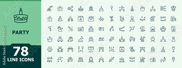 Fototapeta Party icon set. Minimal icons collection. Includes thin line symbols event, firework, celebration, birthday, festival, decoration, fun. Editable vector. Holiday icon set.