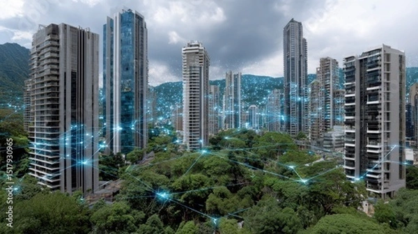 Obraz Digital connectivity over urban skyline: smart city with networked buildings and greenery