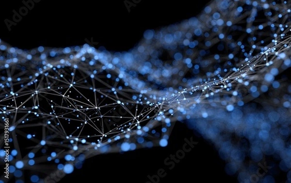 Fototapeta Dynamic blue glowing dot-line network in low-poly abstract digital scene. Dark tech vector background with geometric patterns, futuristic data visualization concept for UI design.