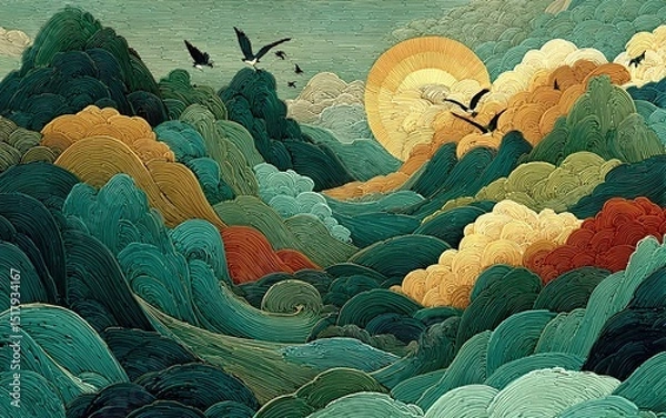 Obraz Light green gradient landscape with curved mountains and cartoon birds. Warm-toned dreamy scene, Asian-inspired aesthetic, yellow water ripples and colorful cloud formations under sunlight.
