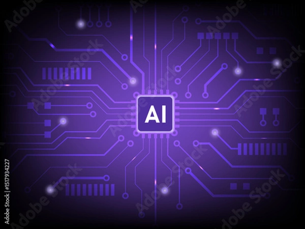 Fototapeta Futuristic AI circuit board with glowing purple technology network connections