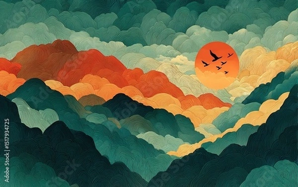 Obraz Warm dreamy landscape: Birds flying over curved mountains with light green gradient backdrop. Sunlight through colorful clouds, conveying hope, Asian-inspired cartoon scenery with delicate textures.