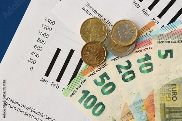 Fototapeta European union Euro money bills and coins with european electricity utility bill on table