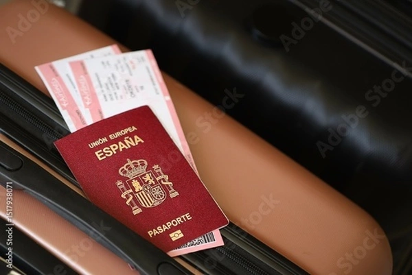 Fototapeta Spanish passport with tickets lies on touristic suitcase close up in airport waiting hall