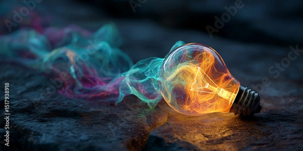 Fototapeta Glass lightbulb filled with orange and teal smoke, rests on dark rock, symbolizing creativity, innovation, and bright ideas