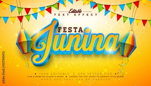 Fototapeta Festa Junina 3D Text Effect Design Editable and Scalable Vector Graphic Style Effect with Typography Lettering and Shadow on Yellow Background. Premium Illustration Template With Party Flag and Paper