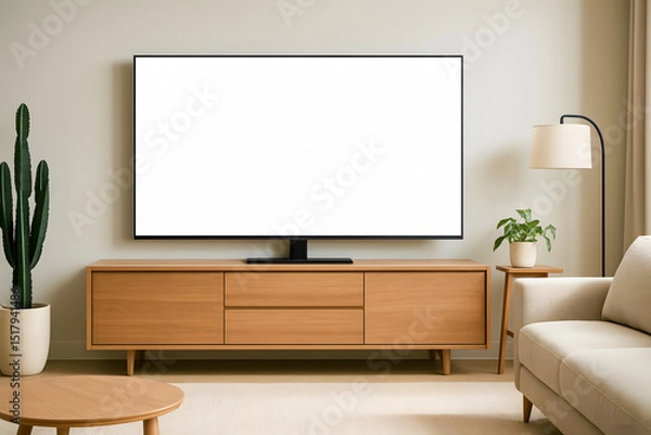 Fototapeta Cozy living room featuring a blank screen TV, wooden furniture, greenery, and soft lighting. Modern interior design showcasing simplicity with a blend of functionality and comfort.