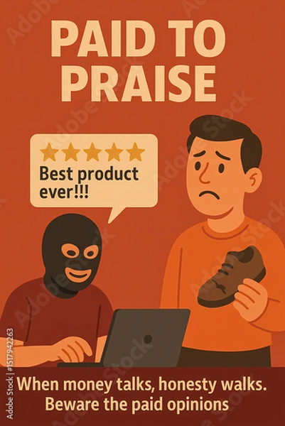 Obraz Illustration exposing fake reviews by paid buzzers, showing a masked man typing five-star lies while a disappointed buyer holds a broken product.