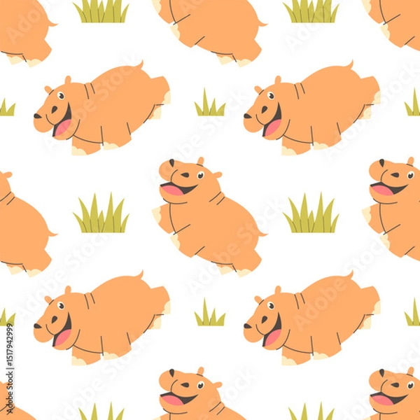 Obraz Seamless pattern cartoon hippo in flat style on white background