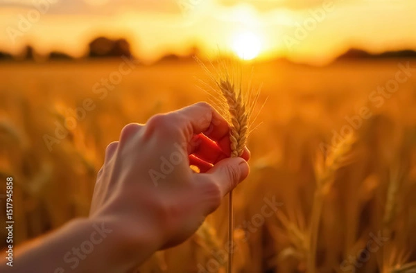 Obraz A hand picking through tall wheat stalks in a golden field at dawn