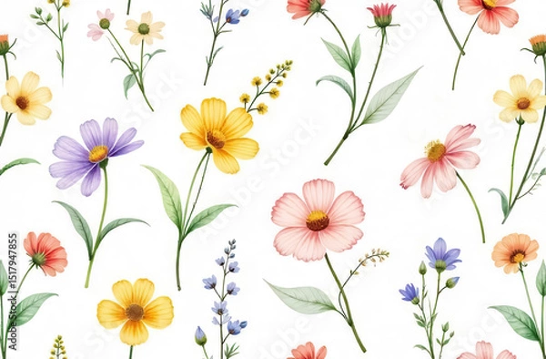Obraz Seamless watercolor floral pattern, delicate wildflowers. Elegant, botanical composition