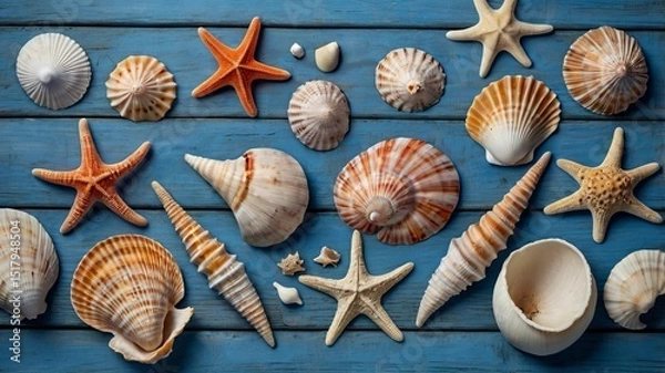 Fototapeta Top-Down Beach-Themed Composition with Seashells on Blue Wooden Background 8