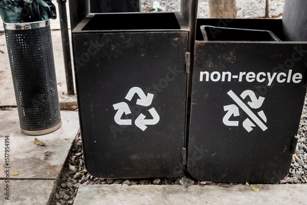 Fototapeta Black trash containers for recyclable and non-recyclable wastes at outdoor public area