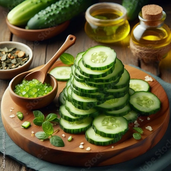 Fototapeta Crunchy Cucumber Slice A crunchy cucumber slice with a refreshin