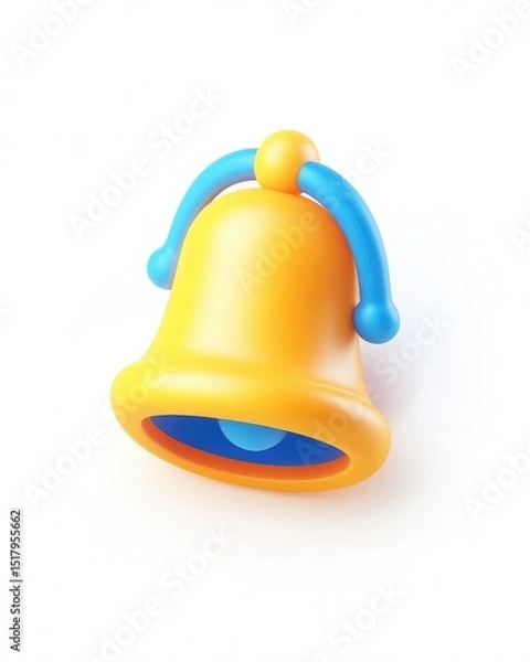 Fototapeta A cheerful, cartoonish yellow bell with light blue handles, rendered in 3D, sits on a white background, casting a subtle shadow